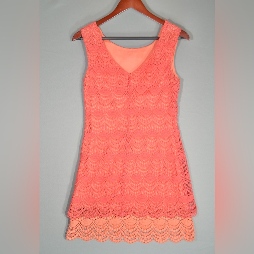 bebe Bright Coral Orange Pink Lace Mini Dress